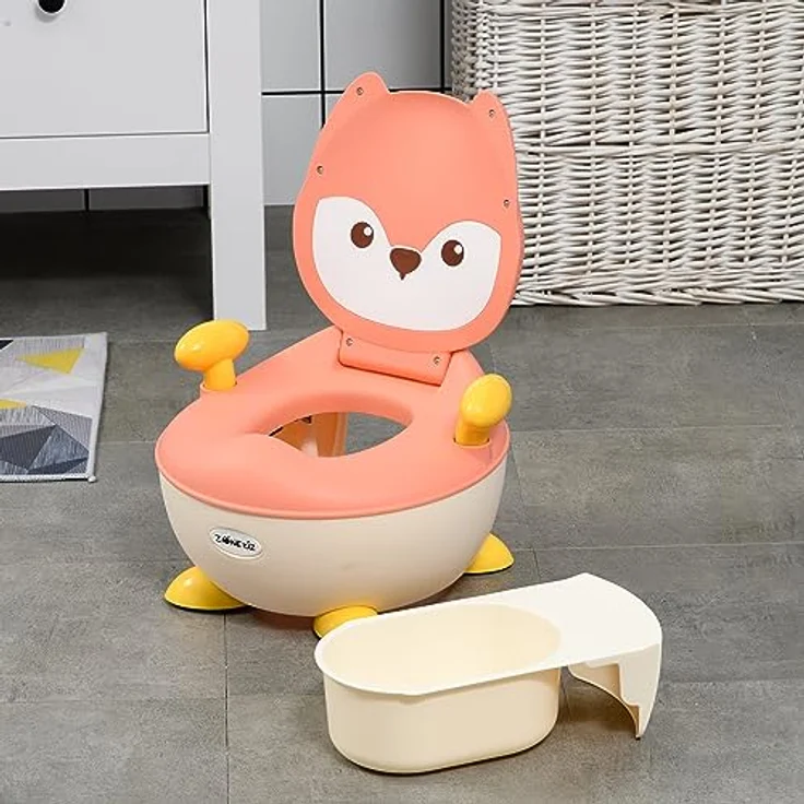 ZONEKIZ Toilettentrainer Kindertoilette Fuchs-Design, ergonomische Rückenlehne, Spritzschutz, herausnehmbarer Innentopf, für Kleinkinder von 6 Monaten bis 3 Jahre, rosa/weiß/gelb – Bild 2