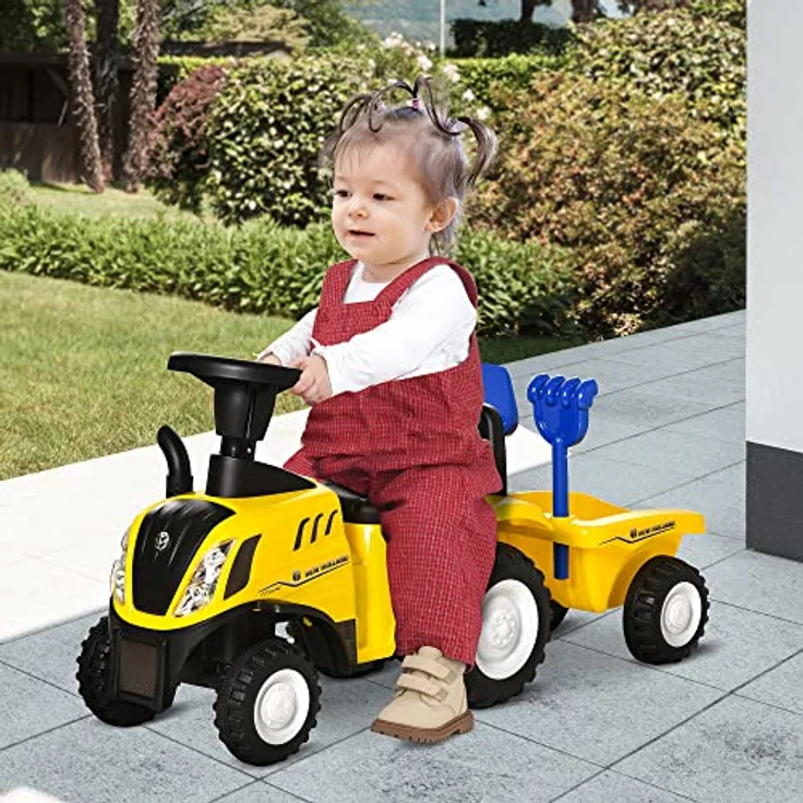 HOMCOM Kinder Rutschauto New Holland Rutscherfahrzeug Gelb mit Hupe und Ladebox – Bild 2