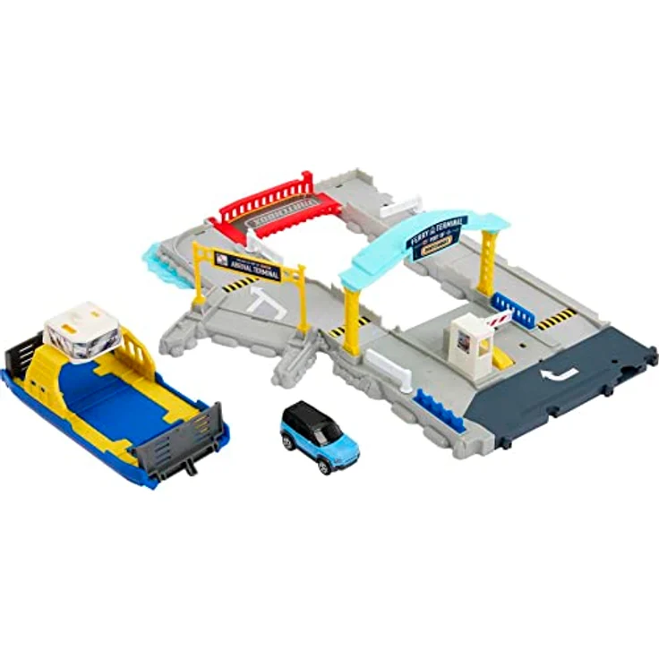 Matchbox Autos Spielset, Ferry Port Set, herausfahrbare Fähre auf Rädern, von Autos und von Kindern aktivierte Features, enthält 1 Matchbox Land Rover, HMH29 – Bild 1