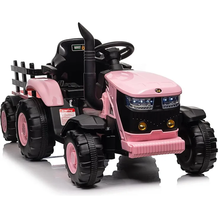 Garvee Elektrischer Traktor mit Anhänger 12V, Kinder Aufsitztraktor mit LED Musik, Doppelter 35W Motor, Fernbedienung, 3-6 km/h, Rosa