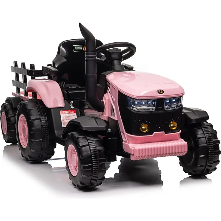 Garvee Elektrischer Traktor mit Anhänger 12V, Kinder Aufsitztraktor mit LED Musik, Doppelter 35W Motor, Fernbedienung, 3-6 km/h, Rosa