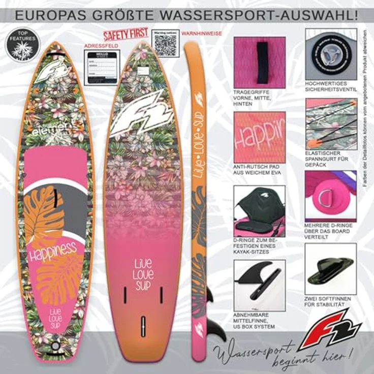 F2 Damen SUP Stand Up Paddle Board Happiness 10'5'', ultraleichtes und robustes Material, gedrucktes Diamond Pad, Multicolor, inkl. Tasche, Pumpe und Reparatur-Kit – Bild 3