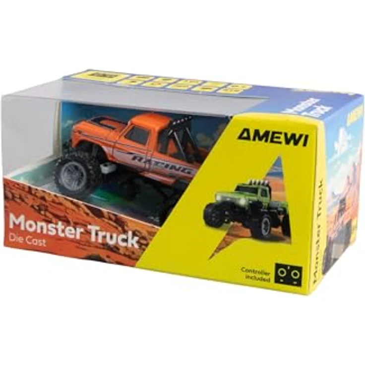 Amewi RC-Monstertruck Die Cast 1:64 RTR, orange, mit drei Geschwindigkeitsstufen, kinderfreundlicher Tempomat-Funktion und LED-Beleuchtung – Bild 2