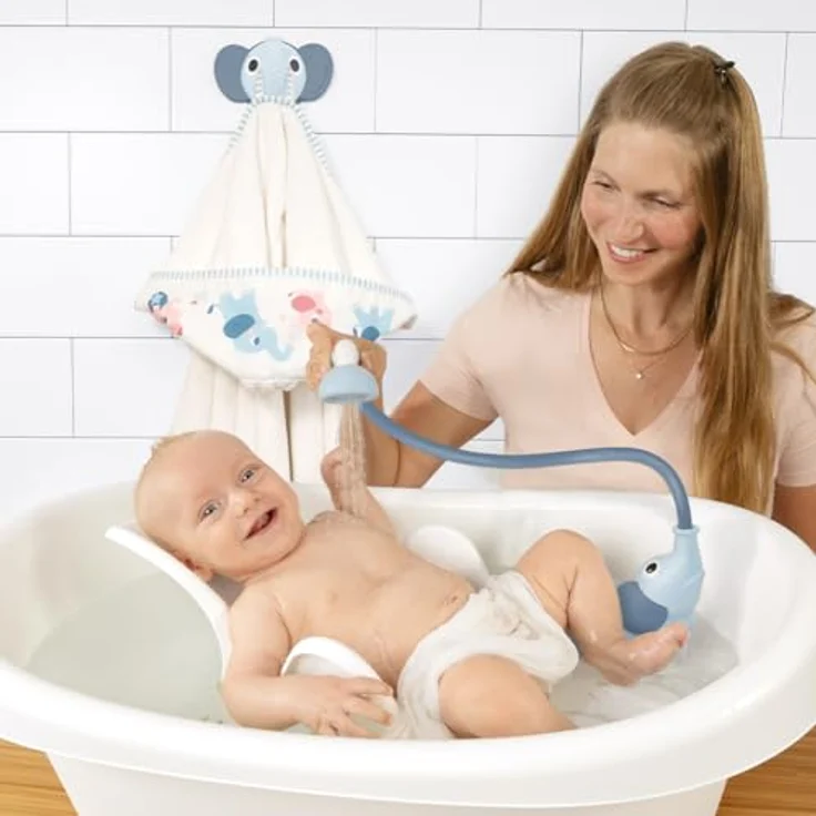 Yookidoo Duschkopf für Baby-Badewanne, Elefanten-Wasserpumpe mit 2 Knopf-Wasserflusskontrolle, Cloudy Blue – Bild 3