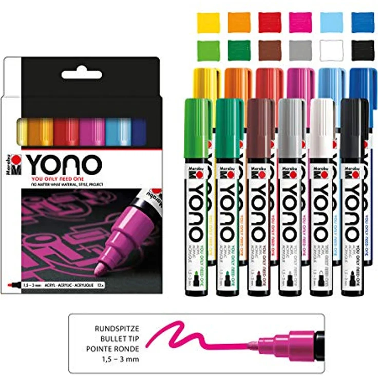 Marabu 1240000004004 - YONO Marker Set mit 12 Farben, vielseitige Acrylstifte mit japanischer Rundspitze 1,5 - 3 mm, wasserbasiert, lichtecht und wasserfest, für nahezu alle Untergründe – Bild 2