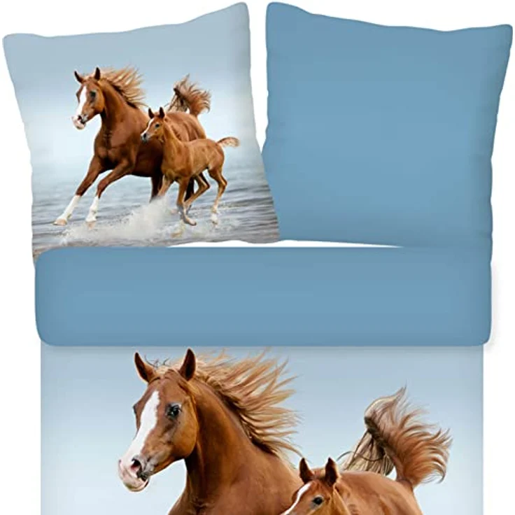 ESPiCO Bettwäsche Trendy Bedding Wildpferde Pferd Fohlen Stute Tiermotiv Gaul Meer Wasser Galopp Renforcé, 135 cm x 200 cm, blau – Bild 2