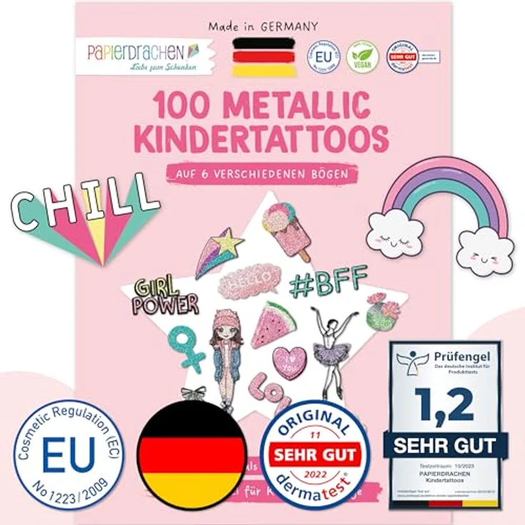 Papierdrachen 100 Metallic-Tattoos für Kinder, hautfreundliche Pop Art Tattoos in Silber, langlebig & wasserfest, hergestellt in Deutschland – Bild 1