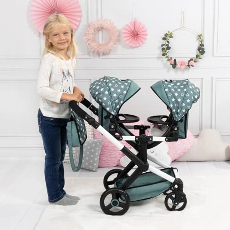 Bayer Puppenwagen, Zwillingspuppenwagen mit verstellbaren Sonnenverdecken, höhenverstellbarem Griff und schwenkbarem Sitz, blau – Bild 6