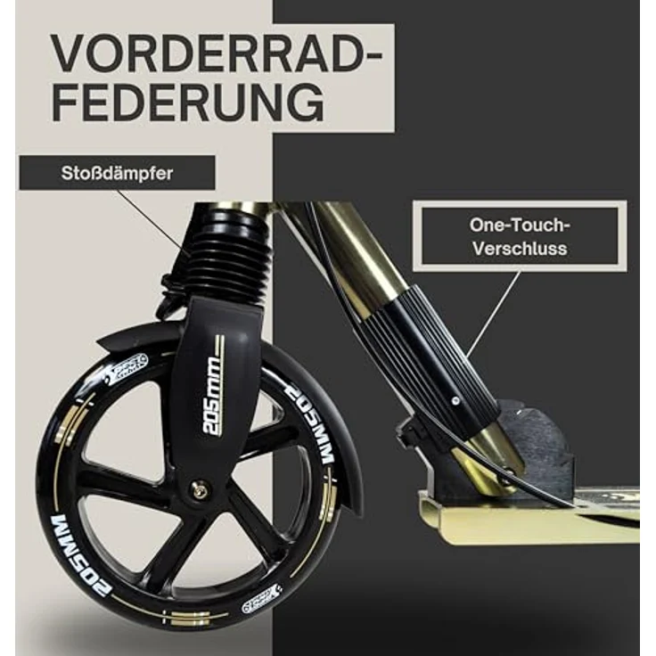 Best Sporting Scooter 205 mm Olivgrün Metallic, klappbarer Cityroller mit Vorderradfederung, Handbremse, Klingel und Tragegurt, höhenverstellbar für Kinder & Erwachsene bis 100 kg – Bild 3