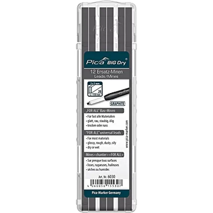 Pica Druckbleistift BIG DRY, Ersatz-Minen FOR ALL Graphit 2B, 12 Stück im Minenetui