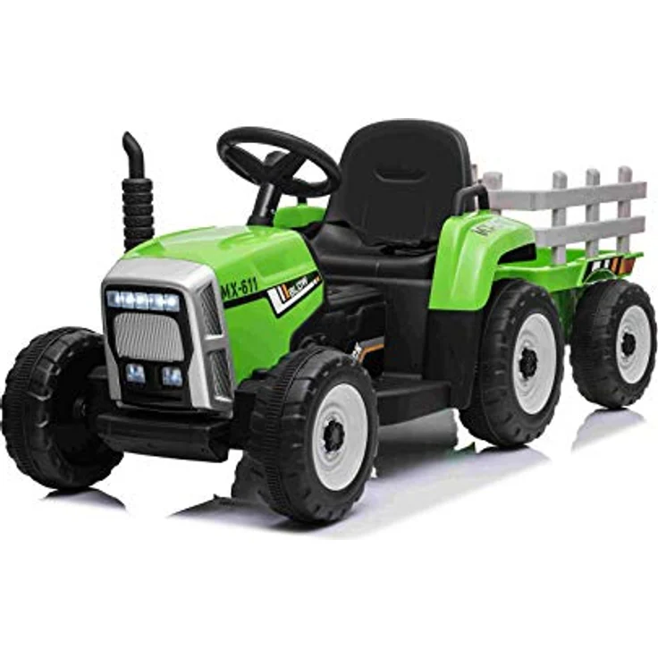 RIRICAR Elektro Traktor für Kinder 12V Workers mit Anhänger, Grün, 12-V-Batterie, breitem Sitz, 2,4-GHz-Fernbedienung, MP3-Player mit Bluetooth und SD-Eingang, LED-Leuchten – Bild 1