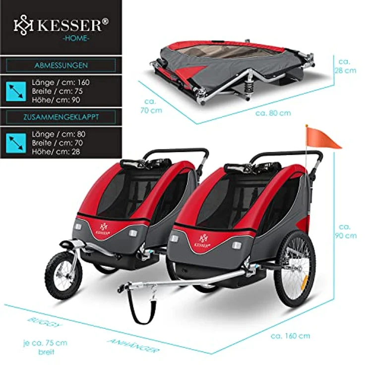 KESSER® Cruiser Kinderanhänger Fahrradanhänger 360° Drehbar mit Federung 2in1 Joggerfunktion Kinderfahrradanhänger + 5-Punkt Gurt Jogger Fahrrad Anhänger für 1 bis 2 Kinder max. 40kg Rot – Bild 8