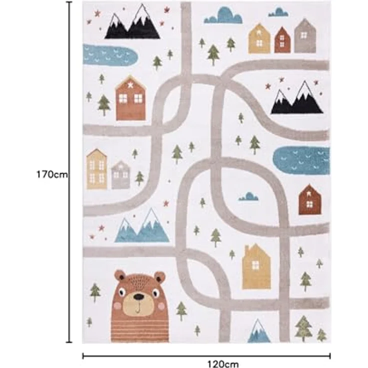 rugsx Fun Polar Kinderteppich mit Muster „Straßen, Wald”, Creme, 120x170 cm, 100% Polypropylen, pflegeleicht – Bild 3