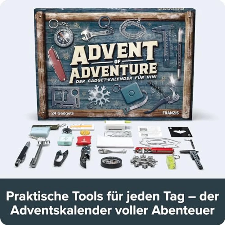 FRANZIS Advent of Adventure, Gadget-Kalender für Ihn mit 24 Alltagshelfern, Knobelspielen, Multitools und Survival-Gadgets – Bild 3