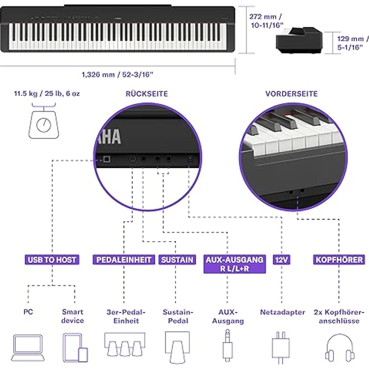 Yamaha P-225, 88-Tasten Keyboard mit gewichteten Tasten, integrierten Equalizer und Kopfhöreranschluss, Weiss – Bild 7