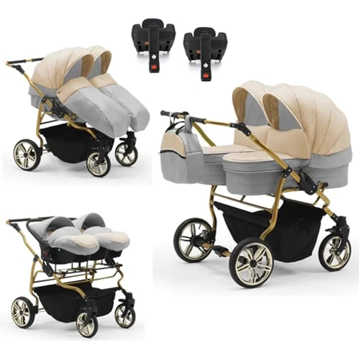 Elcar Zwillingskinderwagen 5 in 1 Duet Lux Goldedition inkl. Autositze und Iso Bases - 14 Teile - in 20 Farben – Bild 1