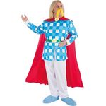 Chaks Kostüm Troubadix, 6-teiliges Set mit blau-weiß kariertem Oberteil und rotem Umhang, für Karneval & Comic Con, Größe S