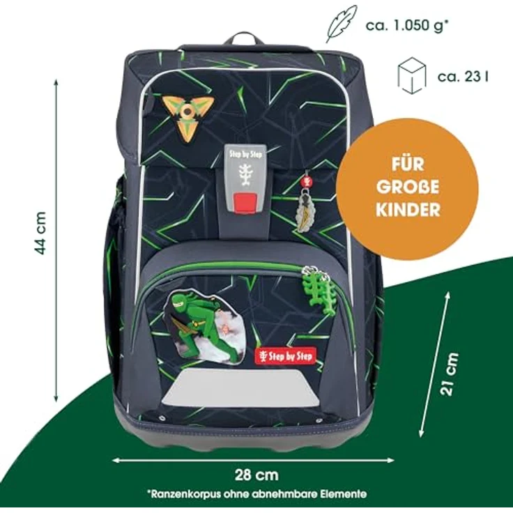 Step by Step Giant Schulranzen-Set „Ninja Kimo“, 5-teilig, ergonomischer Tornister für Jungen, blau-grau-grün, höhenverstellbar mit Hüft- und Brustgurt, 23 Liter, inkl. reflektierenden Elementen und MAGIC MAGS – Bild 2