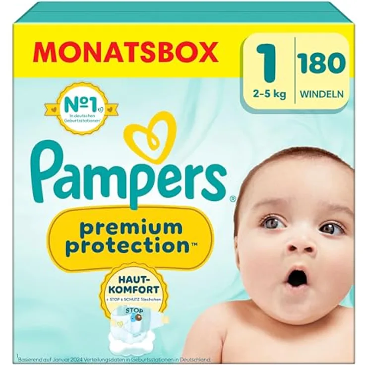 Pampers Premium Protection Windeln Gr.1 Newborn (2-5 kg), Halbmonatsbox, 180 St, 100% Auslaufschutz, ultra weich, Dermacomfort Innenvlies
