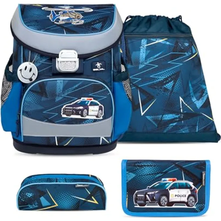 Belmil Mini-Fit Schulranzen Set 4-teilig (405-33/AG/S) (Police), leicht und ergonomisch, reflektierende Elemente, wasserdicht, blau