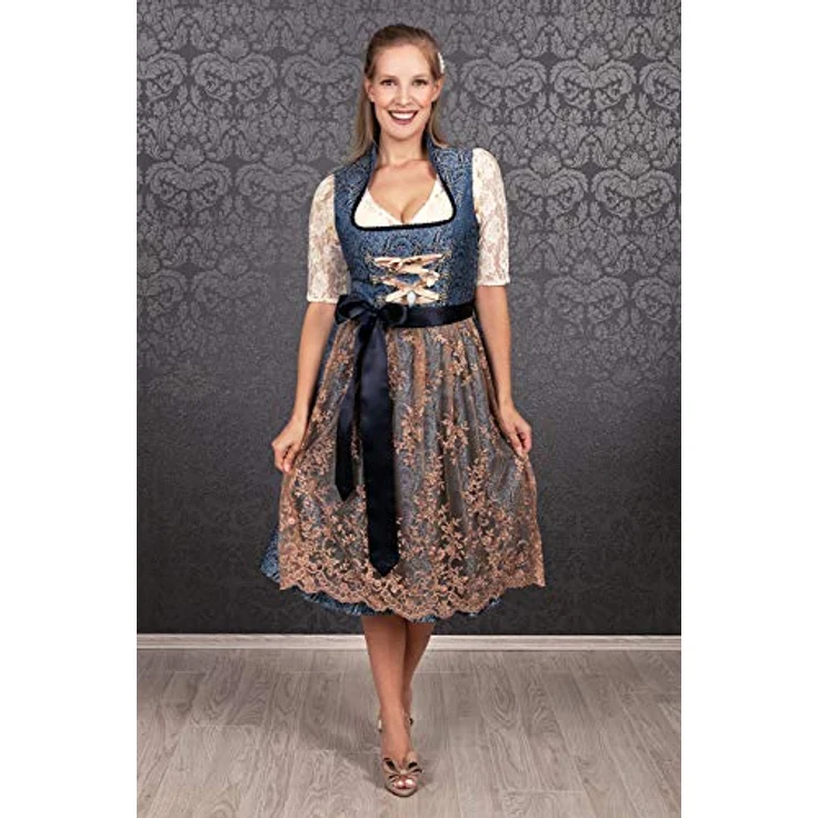 Edelnice Dirndl Estelle, Midi Dirndl in blau und beige-gold, Jaquard Stoff mit Blumenmuster, Exclusive Kollektion – Bild 9