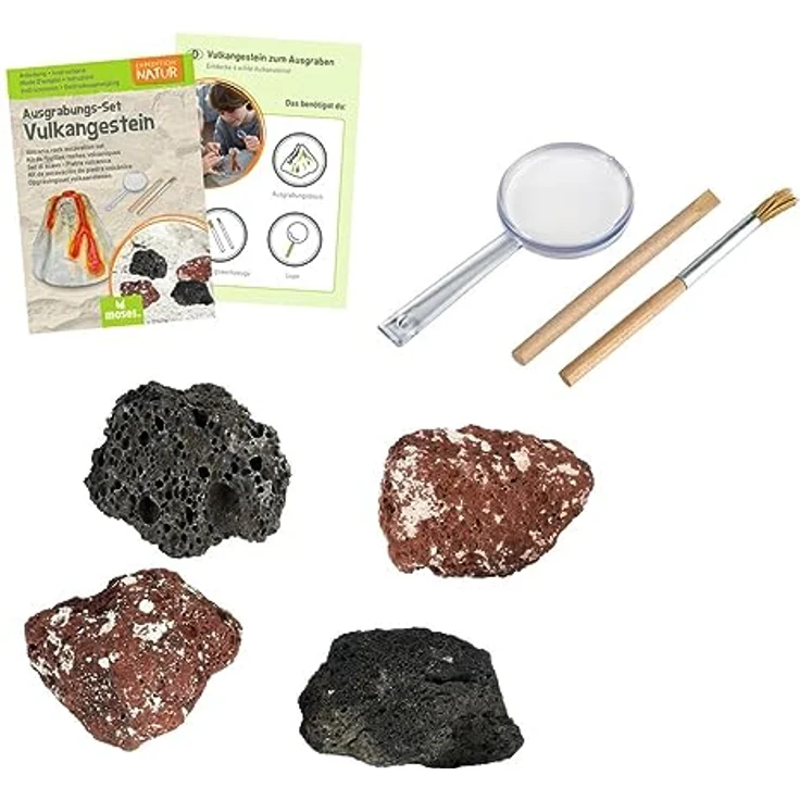 moses. Expedition Natur Ausgrabungs-Set Vulkangestein, Urzeitliches Ausgrabungsset mit 4 echten Vulkansteinen und farbigem Booklet über Vulkane – Bild 3