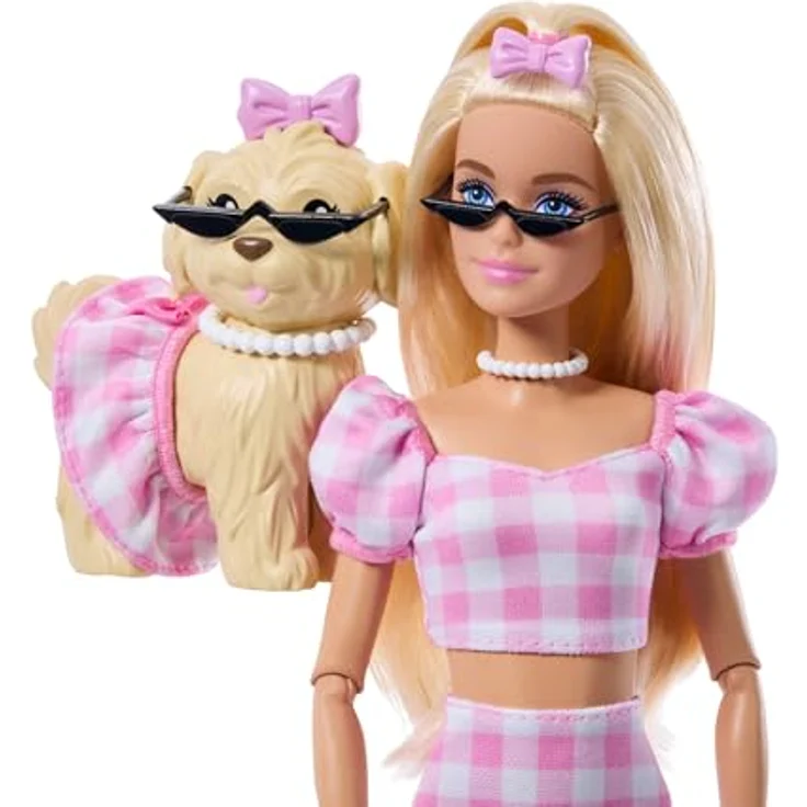 Barbie Zwillingslook Anziehpuppe mit Schleife und Haustier, inklusive stylischen Accessoires – Bild 3