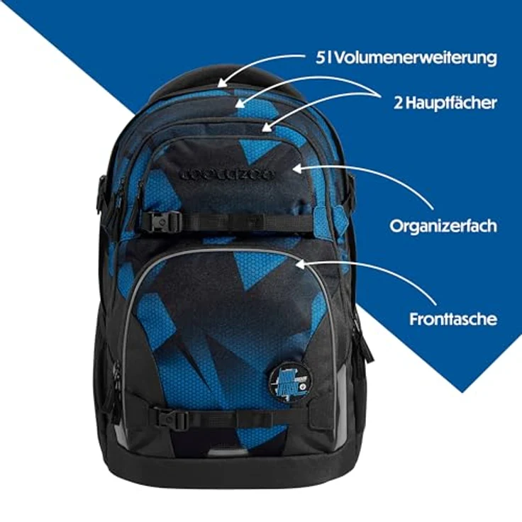 Coocazoo Schulrucksack Porter „Electric Ice”, ergonomischer Tornister, höhenverstellbar, schwarz-blau, mit Brust- und Hüftgurt, 30 Liter Stauraum ab der 3. Klasse – Bild 3