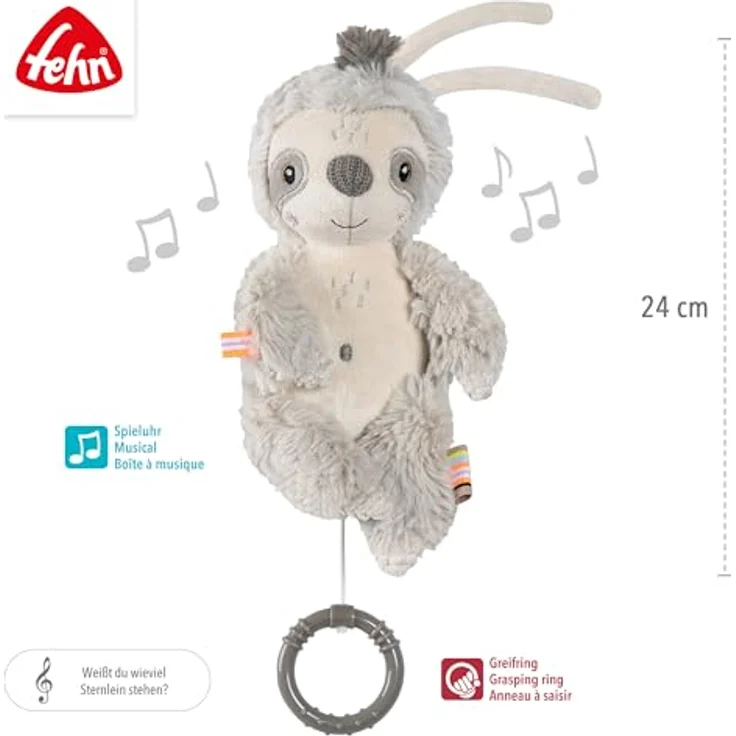 Fehn Mini-Spieluhr Faultier, Einschlafhilfe mit sanfter Melodie "Weißt du wieviel Sternlein stehen", ca. 24 cm, waschbar bei 30°C – Bild 5