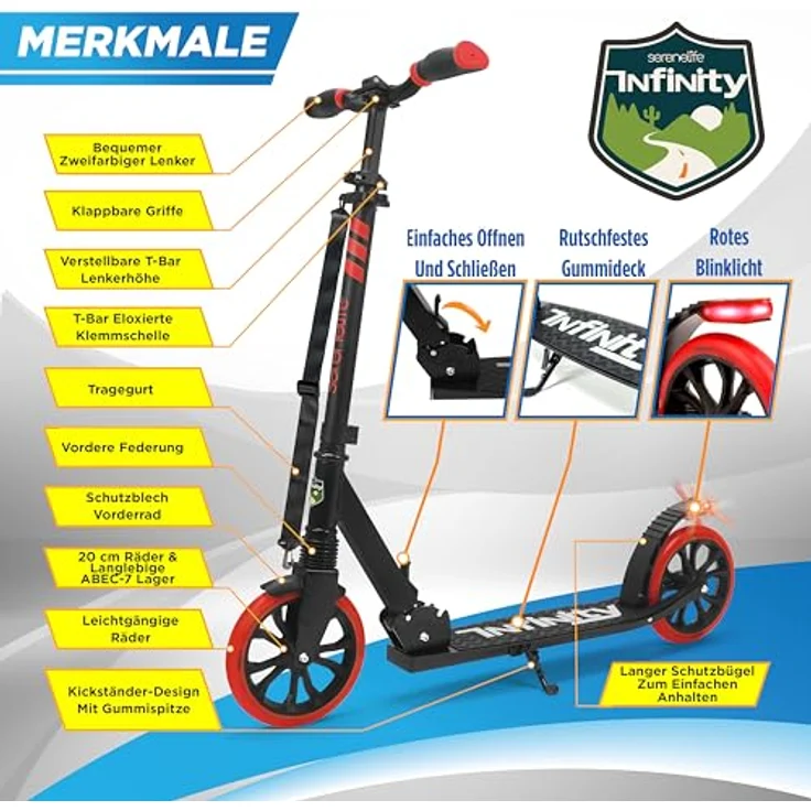 Hurtle SereneLife Roller, klappbarer Unisex-Tretroller für Kinder & Erwachsene, höhenverstellbar, Big Wheel Scooter bis 120 kg belastbar, geeignet für Innen- und Außenbereich – Bild 2