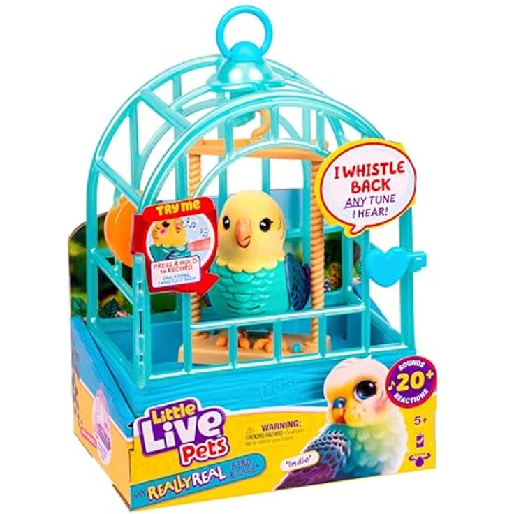 Little Live Pets My Really Real Bird Indie, Interaktives Vögelchen mit über 20 Geräuschen, Aufnahmefunktion und Käfig (25 cm) in Blau – Bild 1