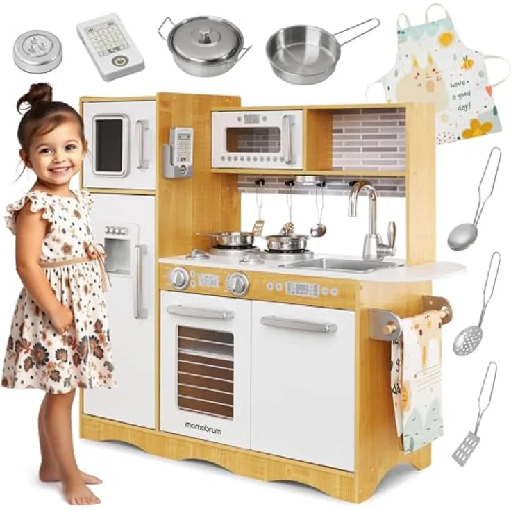 mamabrum Holz-Spielküche mit LED-Beleuchtung, Kinderküche Zubehör Set mit Ofen, Mikrowelle, Kochfeld, Wasserhahn, Kühlschrank & 15 Spielzeug-Kochutensilien, naturbelassen