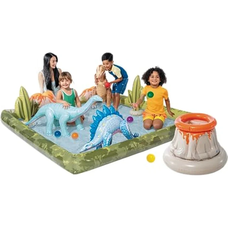 Intex Jurassic Adventure Aufblasbarer Kiddie Pool: Kinderpool mit Dinosauriern, Wassersprüher, Rutsche – inkl. FunBallz – 203,2 x 203,2 x 35,6 cm - ab 2 Jahren - bunt – Bild 4