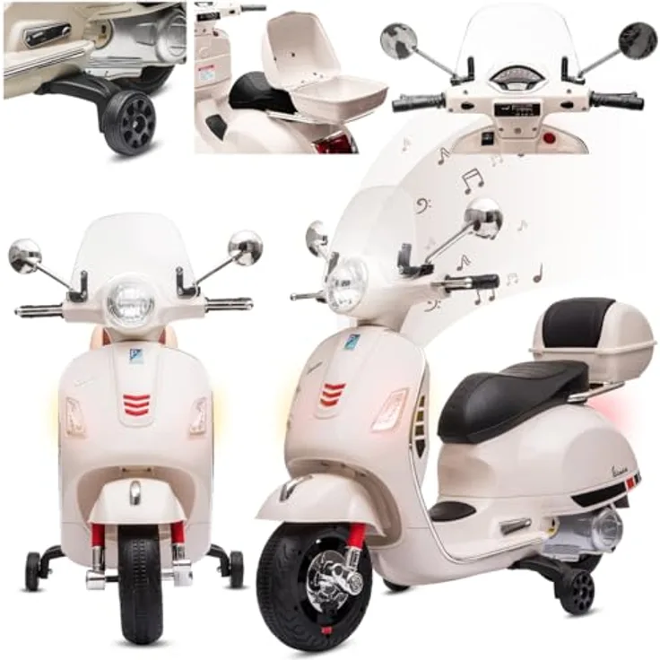 Sun Baby Vespa Elektro Kindermotorrad ab 3 Jahren mit Kunststoffräder und -sitze, Kofferraum, MP3-Player, USD MicroSD AUX-Anschluss. Elektroroller, Kinderroller (Weiß)