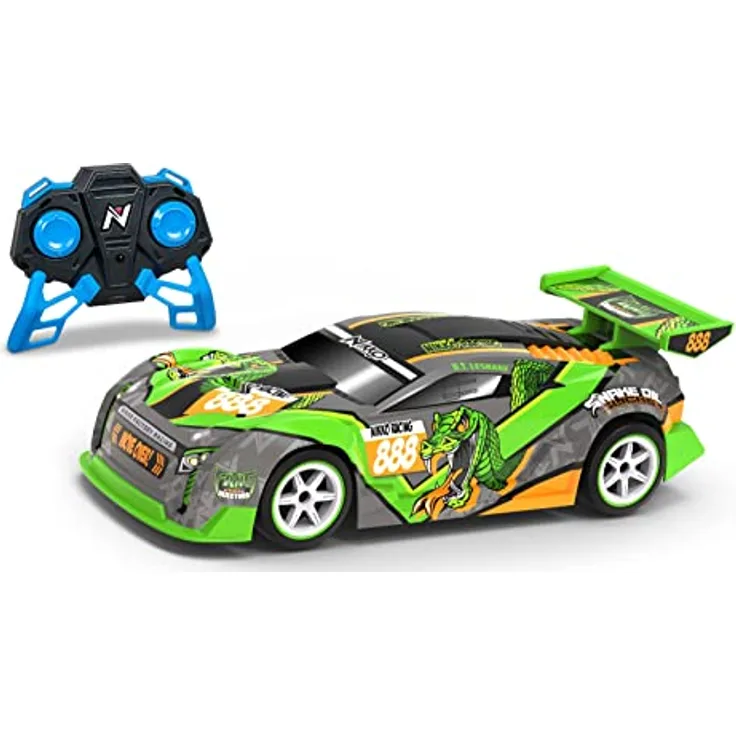 Nikko Fang Racing #888, ferngesteuertes Rennauto bis 14 Km/h mit 2,4 GHz Fernbedienung, coolem Heckspoiler, Grün/Grau, 28 cm