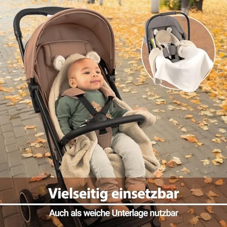Zamboo Fußsack Teddy - Beige, Kuschelige Baby Einschlagdecke mit Öhrchen & Gurtschlitzen für Babyschalen – Bild 8