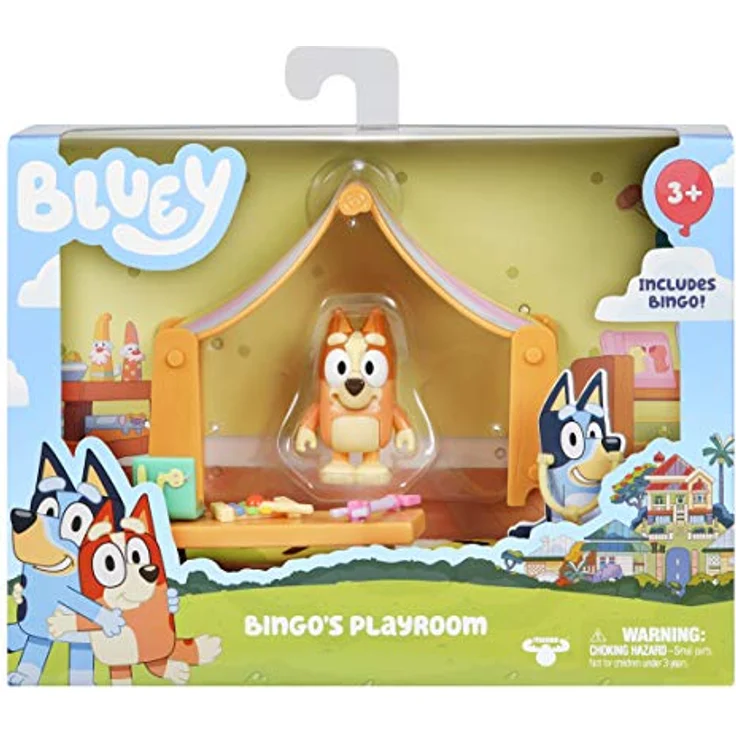 Bluey Bingo's Playroom Offizielles Sammlerspielset mit beweglichem 6,3 cm Bingo-Actionfigur und 6 lustigen Accessoires Kiwi-Teppich, Zelt, Bank, Xylophon, Kralle und Ärztestethoskop – Bild 3