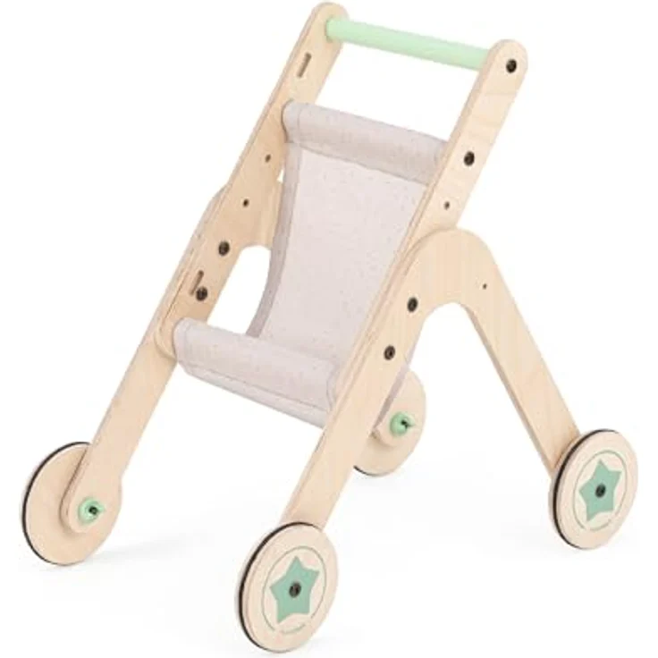 Mamatoyz 04TSTR Triio Kinderwagen, Spielzeug-Kinderwagen für Puppen aus natürlichem Birkensperrholz, Gehhilfe für erste Schritte zum Laufenlernen mit verstellbaren Rädern – Bild 1