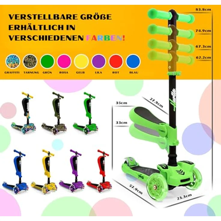 Hurtle Kinderscooter ScootKid, 3-Rad Roller mit Klapp- & Abnehmbarem Sitz, großen Rädern, LED-Lichtern und verstellbarem Lenker für Kinder bis 60kg – Bild 3