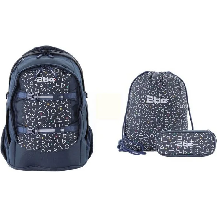 2be Schulrucksack Navy Blue, mit Turnbeutel und Federmäppchen, leichtes Tragesystem, integrierte Regenhülle, reflektierende Details