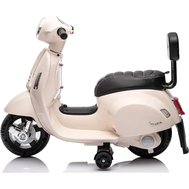 Sun Baby Vespa Elektro Motorrad für Kinder ab 18 Monaten, Weiß mit Rückenlehne, Hupe, Gaspedal, Beleuchtung, Seitenrädern, Elektroroller, Kinderroller, Kindermotorrad, Elektrofahrzeuge – Bild 2