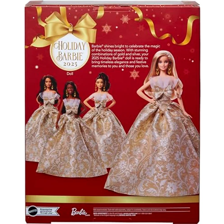 Barbie Barbie Signature Holiday Barbie 2025, Anziehpuppe mit trägerlosem silbernen und goldenen Damast-Kleid, inklusive Puppenständer und Echtheitszertifikat – Bild 6