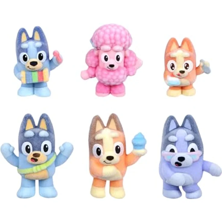 Bluey Fuzzies Deluxe Figure Pack, 6 beflockte Minifiguren zum Sammeln inkl. 2 Überraschungsfiguren, Sammelkarte und Sammlerhandbuch, 50 Figuren in Serie 1 – Bild 1