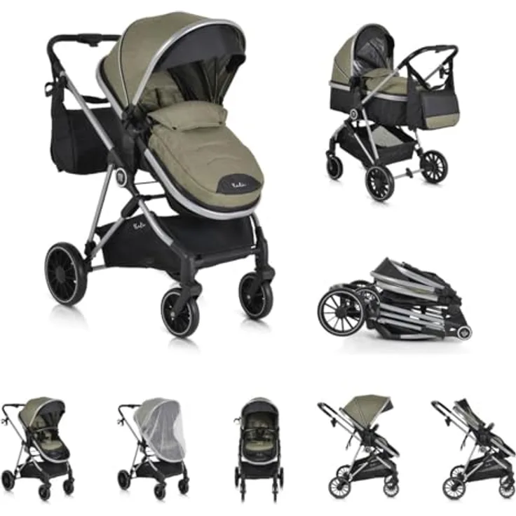 Moni Kombikinderwagen 2 in 1 Kali 22 kg grün, umbaubar, mit Korb, Getränkehalter und Tasche