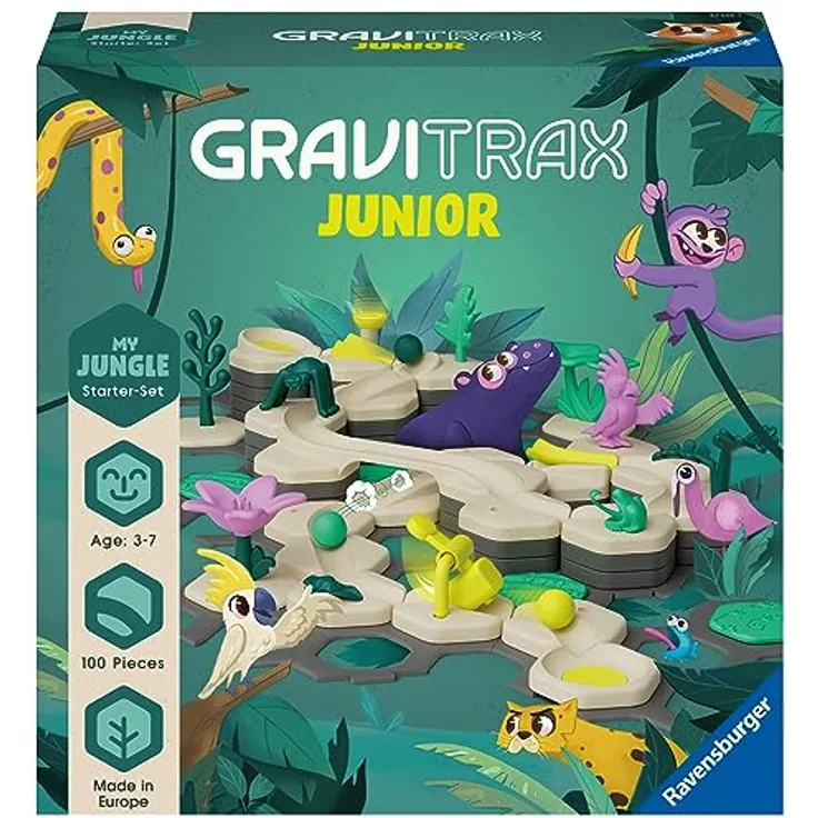 Ravensburger GraviTrax Junior Starter-Set L Jungle -Erweiterbare Kugelbahn für Kinder,Murmelbahn aus umweltfreundlichen Materialen mit Themenwelten, Lernspielzeug & Konstruktionsspielzeug ab 3 Jahren