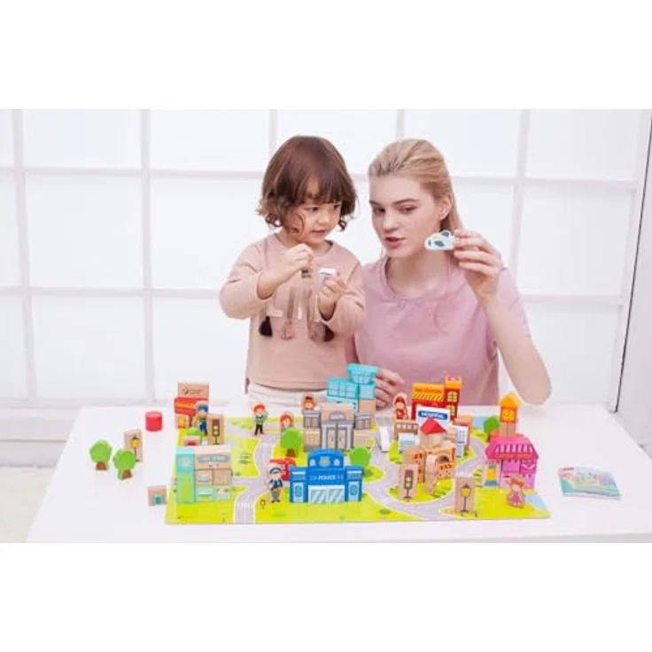 Classic World Wooden Blocks City, 120-teiliges Set mit Fahrzeugen, Alphabet, Zahlen und Puzzle-Elementen für Kinder ab 18 Monaten – Bild 2