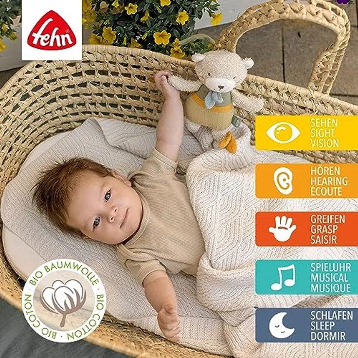 Fehn Mini-Spieluhr Bär fehnNATUR – Kuscheltier & Einschlafhilfe mit Baumwolle (kbA) – Melodie „Schuberts Wiegenlied“ beruhigt in jeder Situation – für zuhause & unterwegs – für Babys & Kleinkinder – Bild 2