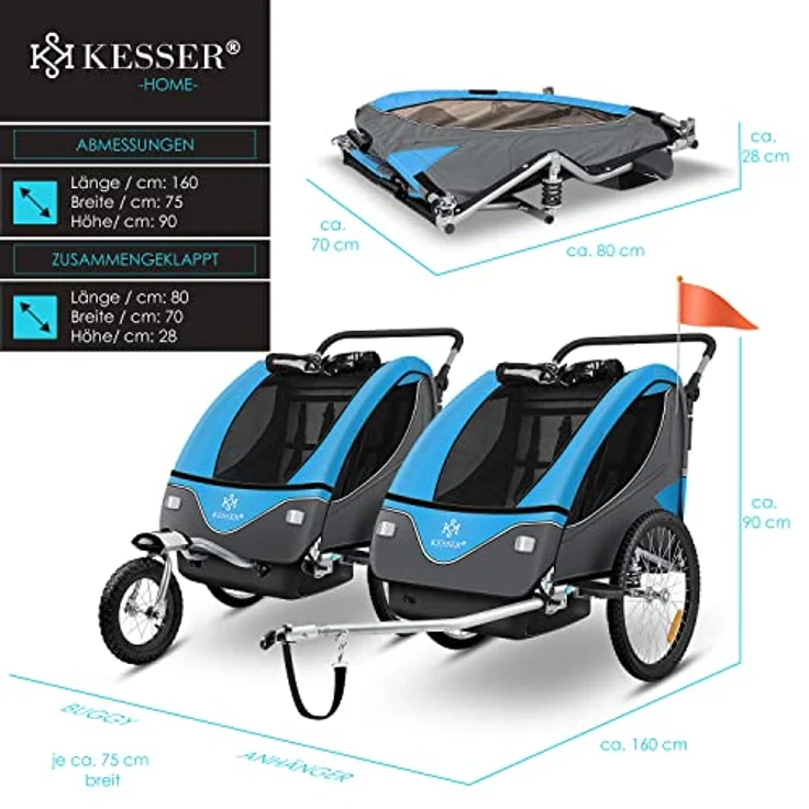 KESSER® Cruiser Kinderanhänger Fahrradanhänger 360° Drehbar mit Federung 2in1 Joggerfunktion Kinderfahrradanhänger + 5-Punkt Gurt Jogger Fahrrad Anhänger für 1 bis 2 Kinder max. 40kg Blau – Bild 8