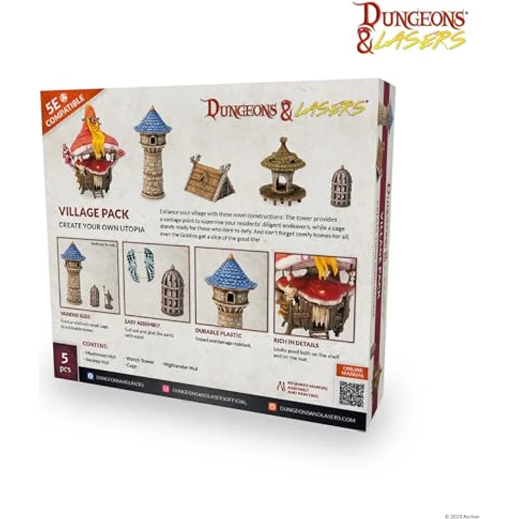 Archon Studio Dungeons & Lasers: Village Pack, 5-teiliges RPG Erweiterungsset mit Pilzhütte, Sumpfhütte, Highlander-Hütte, Wachtturm und Käfig, langlebiger Kunststoff – Bild 2