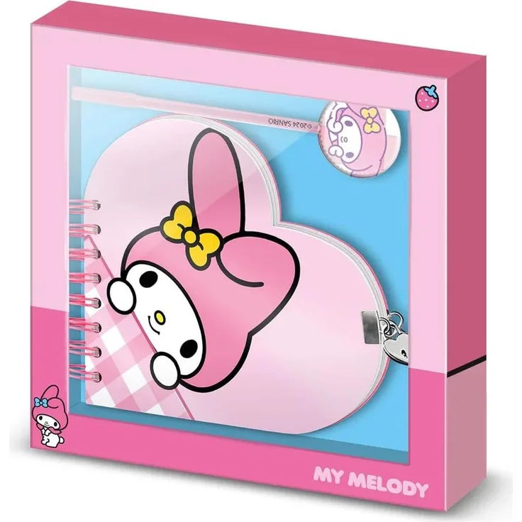Karactermania Zestaw dugopisów i notatnika Hello Kitty My Melody, Tagebuch Set mit 160 Seiten, Hardcover, herzförmiger Schlossverschluss, Geschenkbox